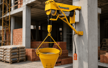 Guincho de coluna realizando o transporte vertical de materiais em obra de construção civil, aumentando a produtividade e a segurança no canteiro.