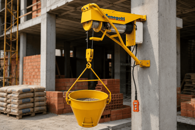 Guincho de coluna realizando o transporte vertical de materiais em obra de construção civil, aumentando a produtividade e a segurança no canteiro.