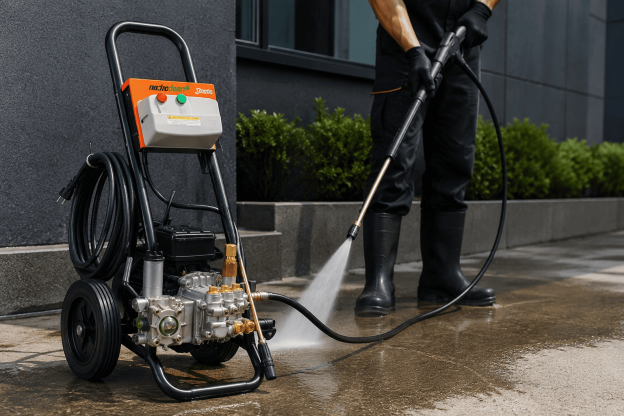 Profissional utilizando lavadora de alta pressão para limpeza de área externa, demonstrando a versatilidade do equipamento em serviços além da limpeza de obras.