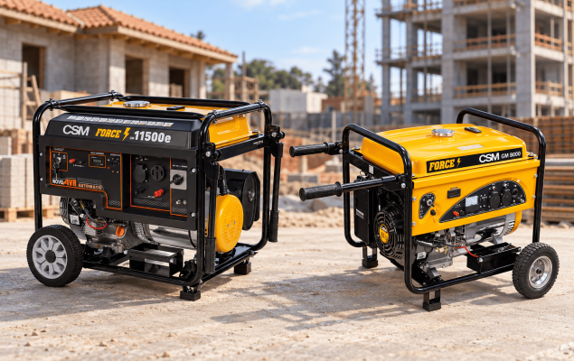 Dois geradores de energia portáteis em um canteiro de obras, com uma casa e um edifício em construção ao fundo.